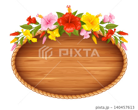Wooden Ellipse Frame With Red, Yellow And Pink Hibiscus Flowers Decoration Wooden Ellipse Frame With Red, Yellow And Pink Hibiscus Flowers Decoration 140457613