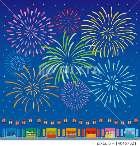 祭をイメージした花火と屋台と提灯の正方形のイメージイラスト_背景あり 140457621
