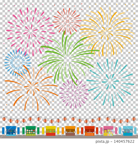 A square-shaped image illustration depicting fireworks, food stalls, and lanterns, evoking the image of a festival. A square-shaped image illustration depicting fireworks, food stalls, and lanterns, evoking the image of a festival. 140457622