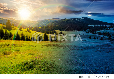 mountainous countryside landscape in summer. day meet night. sun and moon over view of green rural scenery with grassy pastures and rolling forested hills. wonderful mountain weather with cloudy sky mountainous countryside landscape in summer. day meet night. sun and moon over view of green rural scenery with grassy pastures and rolling forested hills. wonderful mountain weather with cloudy sky 140458461