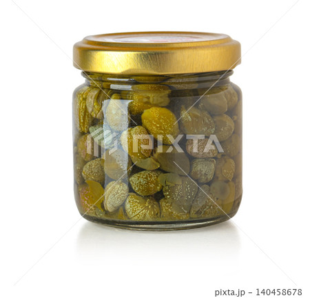 Caper berries in glass jar, preserved food condiment 140458678
