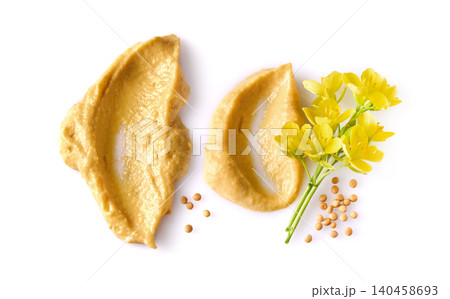 Mustard flowers and seed. Mustard sauce on white background. 140458693