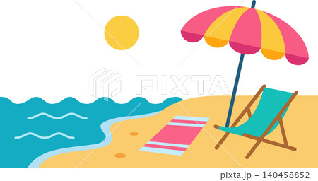 Beach Scene With Umbrella, Chair, Towel, and Sea on a Sunny Day 140458852