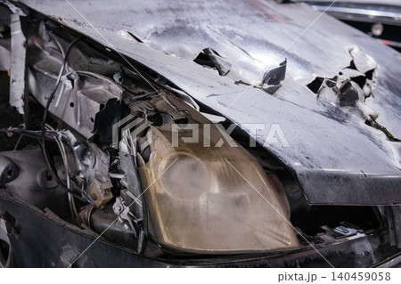 Close-up view of heavily damaged car front end. Hood is crumpled and torn, revealing mangled metal and components. Cracked headlight shows extent of impact and destruction. Close-up view of heavily damaged car front end. Hood is crumpled and torn, revealing mangled metal and components. Cracked headlight shows extent of impact and destruction. 140459058