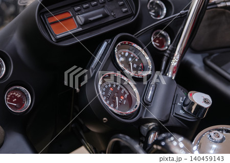 Close-up view of motorcycle dashboard featuring a detailed instrument cluster. Prominent speedometer displays approximately 174 MPH, while the odometer reads 32071, showcasing intricate design and 140459143