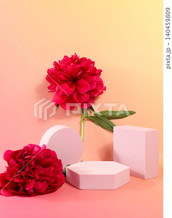 Empty product podium and fresh peonies, elegant beauty concept,Abstract beautiful flower arrangement.Stage for product display and business concept.Minimal modern aesthetic. selective focus Empty product podium and fresh peonies, elegant beauty concept,Abstract beautiful flower arrangement.Stage for product display and business concept.Minimal modern aesthetic. selective focus 140459809