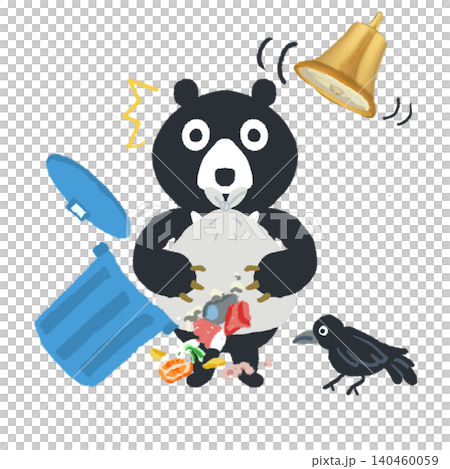 ゴミを荒らすクマとカラス 獣害被害イラスト ゴミを荒らすクマとカラス 獣害被害イラスト 140460059
