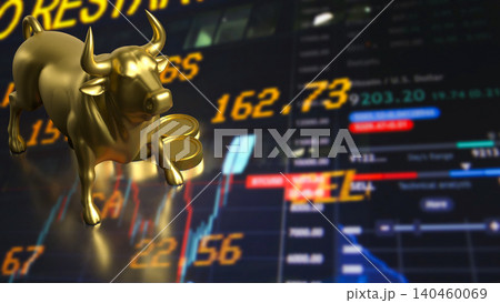 Golden Bull Market Rally With Coins And Trading Screen 3d render. Golden Bull Market Rally With Coins And Trading Screen 3d render. 140460069