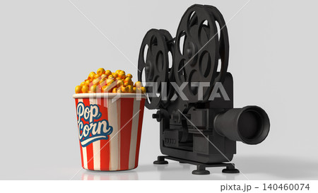 Classic Movie Night With Popcorn And Vintage Film Camera 3d render. Classic Movie Night With Popcorn And Vintage Film Camera 3d render. 140460074
