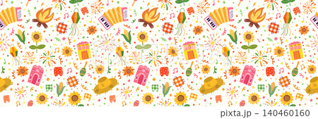 Festa Junina Vector Seamless Pattern, Festive Background with Sunflowers, Straw Hat, Accordion, Corn for Invitations, Posters and Banners Festa Junina Vector Seamless Pattern, Festive Background with Sunflowers, Straw Hat, Accordion, Corn for Invitations, Posters and Banners 140460160