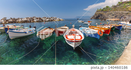 Fishing Boats in Small Harbor with Clear Water in Manarola Cinque Terre Italy Fishing Boats in Small Harbor with Clear Water in Manarola Cinque Terre Italy 140460186