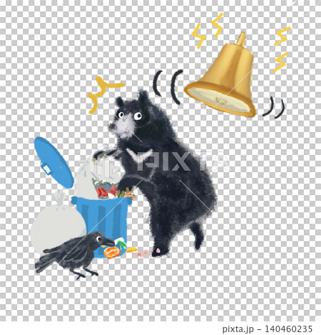 ゴミを荒らすクマとカラス 鳥獣被害イラスト ゴミを荒らすクマとカラス 鳥獣被害イラスト 140460235