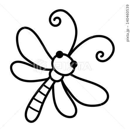 Vector black and white cartoon dragonfly isolated on white background. Line insect clipart. Cute forest animal icon for kids. Outline woodland element. Woods wildlife illustration, coloring page Vector black and white cartoon dragonfly isolated on white background. Line insect clipart. Cute forest animal icon for kids. Outline woodland element. Woods wildlife illustration, coloring page 140460539