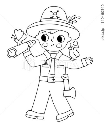 Vector black and white cartoon forest ranger in costume standing with telescope. Cute woodland guard with bird, butterfly, spyglass. Funny line nature defender illustration, coloring page for kids Vector black and white cartoon forest ranger in costume standing with telescope. Cute woodland guard with bird, butterfly, spyglass. Funny line nature defender illustration, coloring page for kids 140460540
