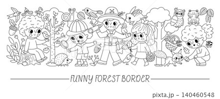 Forest explorers horizontal set for kids. Vector woodland black and white birds, animals, trees, plants collection with curious kids, ranger. Cartoon line woods card template, coloring page Forest explorers horizontal set for kids. Vector woodland black and white birds, animals, trees, plants collection with curious kids, ranger. Cartoon line woods card template, coloring page 140460548