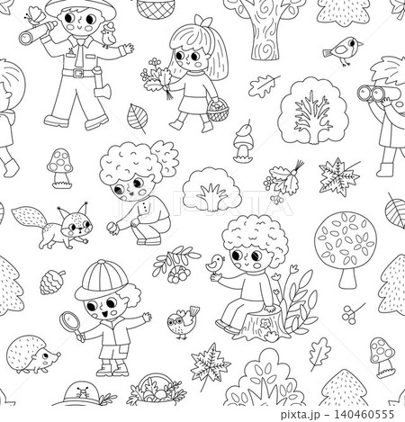 Forest black and white seamless pattern with kids. Vector woodland line repeat background with curious children explorers, naturalists, animal, bird, tree. Cute digital paper, coloring page 140460555
