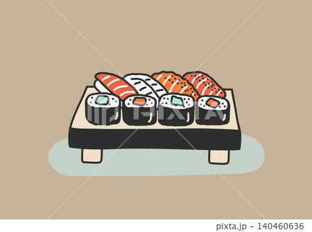 rolls and sushi on wooden tray, vector illustration in flat style rolls and sushi on wooden tray, vector illustration in flat style 140460636