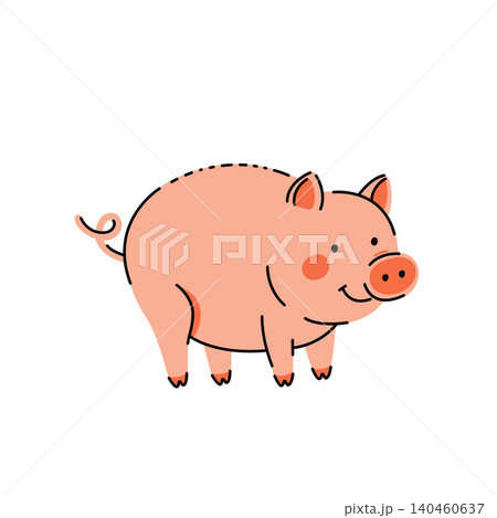 Pink cartoon pig, rural scene. Flat vector illustration on white background Pink cartoon pig, rural scene. Flat vector illustration on white background 140460637