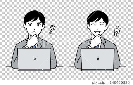 Illustration of a man in a suit having an idea while looking at a computer screen - Set 7 Illustration of a man in a suit having an idea while looking at a computer screen - Set 7 140460829