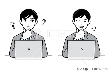 パソコンを見て解決するスーツ姿の男性のイラスト　セット8 140460830