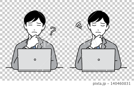 パソコンを見て考えるスーツ姿の男性のイラスト セット9 パソコンを見て考えるスーツ姿の男性のイラスト セット9 140460831