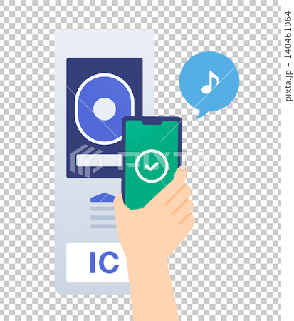 スマートフォンのモバイルICを自動改札にタッチする手元のイラスト素材 スマートフォンのモバイルICを自動改札にタッチする手元のイラスト素材 140461064