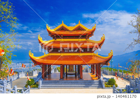 gate at the Vietnamese Buddhist Golden Pagoda Truc Lam Phung Thuy Son on the mountain in Nha Trang city in Vietnam in Asia 140461170
