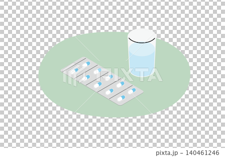 An illustration (without outlines) of a glass of water and 10 white and light blue capsules on one sheet. An illustration (without outlines) of a glass of water and 10 white and light blue capsules on one sheet. 140461246
