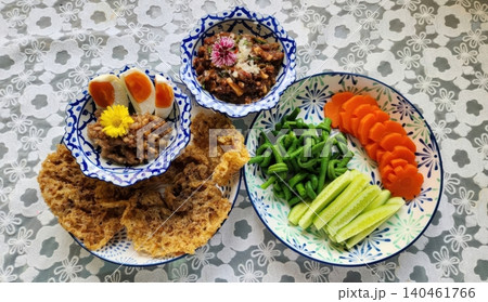 Traditional Thai Chili Paste Set with Crispy Catfish and Vegetables Traditional Thai Chili Paste Set with Crispy Catfish and Vegetables 140461766