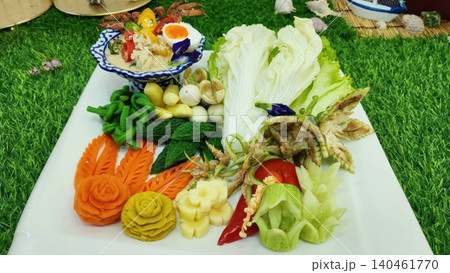 Traditional Thai Crab Dip with Coconut Milk and Beautiful Carved Vegetables 140461770