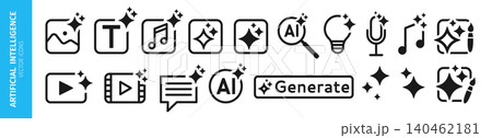 Artificial intelligence icon set media music image text microphone video and AI generate symbols Artificial intelligence icon set media music image text microphone video and AI generate symbols 140462181