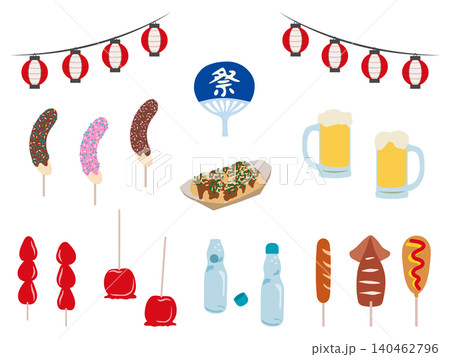 夏祭りや縁日の屋台グルメのベクターイラストセット、たこ焼きやチョコバナナなど夏のフード素材。 140462796