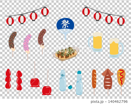夏祭りや縁日の屋台グルメのベクターイラストセット、たこ焼きやチョコバナナなど夏のフード素材。 140462796