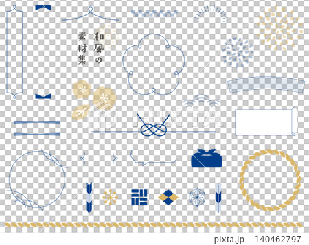 一套簡約的靛藍色和金色日式邊框素材,可用於製作新年賀卡或日式設計標題的插圖。 一套簡約的靛藍色和金色日式邊框素材,可用於製作新年賀卡或日式設計標題的插圖。 140462797