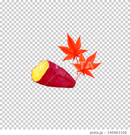 Hand-painted watercolor illustration of a baked sweet potato and autumn leaves. The cross-section of the baked sweet potato is visible, along with the autumn leaves. 140463108