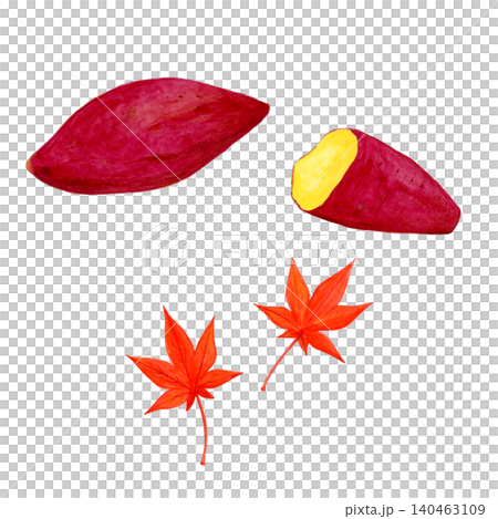 Hand-painted watercolor set of autumn elements: roasted sweet potato and autumn leaves, with separate illustration parts. 140463109