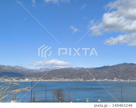 Horizontal Panoramic View of Lake Suwa under a Bea 140463246