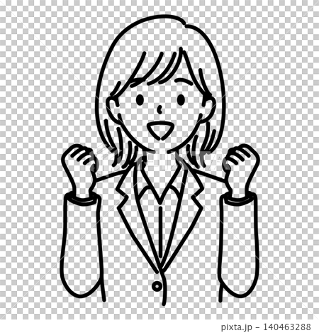 Line drawing illustration of a female office worker (upper body) making a victory pose. 140463288