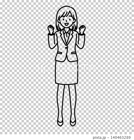 Line art illustration of a female office worker (full body) making a victory pose. 140463289