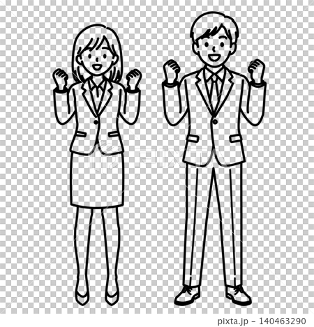 A line drawing illustration of a female office worker and a male office worker (full body) making a victory pose. 140463290