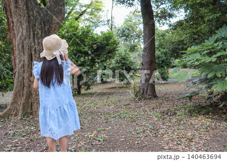 森の公園でシャボン玉遊びを楽しむ女の子の後ろ姿 森の公園でシャボン玉遊びを楽しむ女の子の後ろ姿 140463694