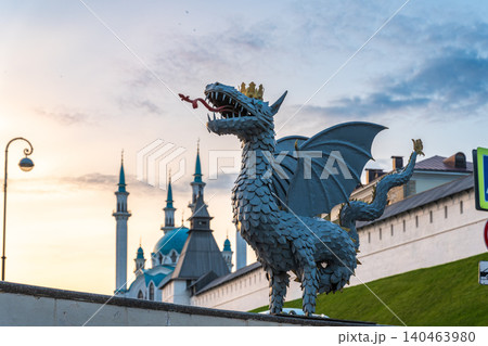 Dragon Zilant - the symbol of the city of Kazan and the Kul Sharif mosque of the Kazan Kremlin. Russia. Summer evening view Dragon Zilant - the symbol of the city of Kazan and the Kul Sharif mosque of the Kazan Kremlin. Russia. Summer evening view 140463980