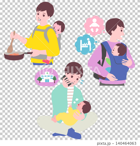 【人生階段】一組描繪男性做家事和照顧孩子(煮飯、換尿布、哺乳)的插圖。 【人生階段】一組描繪男性做家事和照顧孩子(煮飯、換尿布、哺乳)的插圖。 140464063