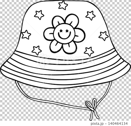 Groovy 4th of July outline, Bucket Hat Illustration with Flower and Stars Doodle Hand Drawn 140464134