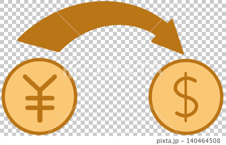 An illustration of currency exchange, represented by a curved arrow pointing from yen to dollars. 140464508