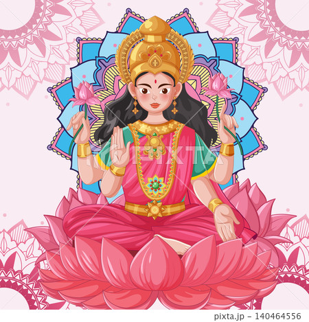 Vector Illustration of a Hindu Goddess Sitting on a Pink Lotus Vector Illustration of a Hindu Goddess Sitting on a Pink Lotus 140464556