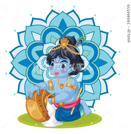 Vector Illustration of Little Blue Deity with Butter Pot and Mandala Vector Illustration of Little Blue Deity with Butter Pot and Mandala 140464559