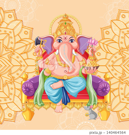 Lord Ganesha Sitting on a Golden Throne with Mandala Background 140464564
