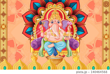 Lord Ganesha Sitting on Throne with Decorative Mandala Background Vector Lord Ganesha Sitting on Throne with Decorative Mandala Background Vector 140464568