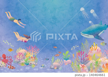 サンゴ礁を探検するダイバーと色彩豊かな海洋生物の背景 140464661